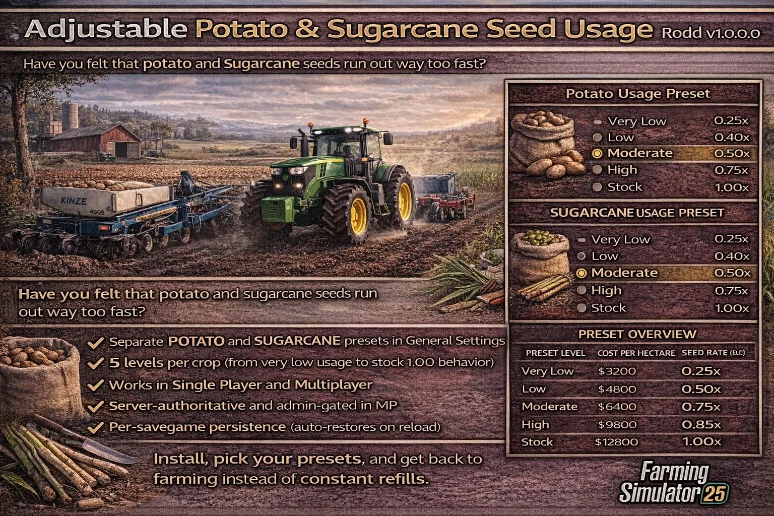 Adjustable Potato Sugarcane Seed Usage Rodd v1.0